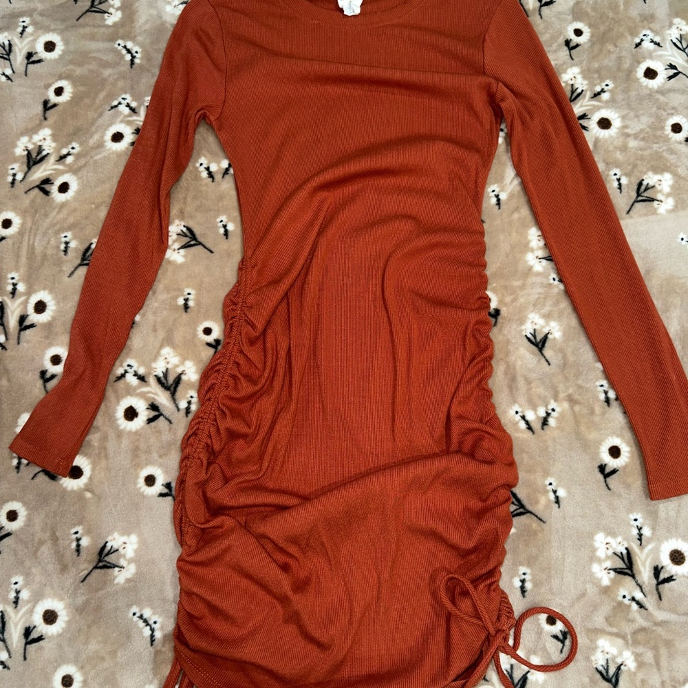 Rust Ruched Bodycon Dress Long Sleeve